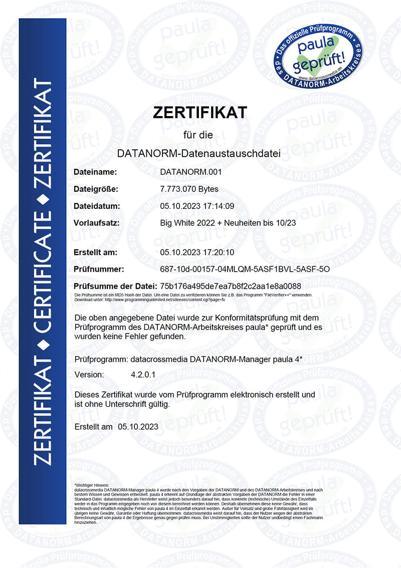 Zertifikat für die DATANORM-Datenaustauschdatei Zertifikat für die DATANORM-Datenaustauschdatei